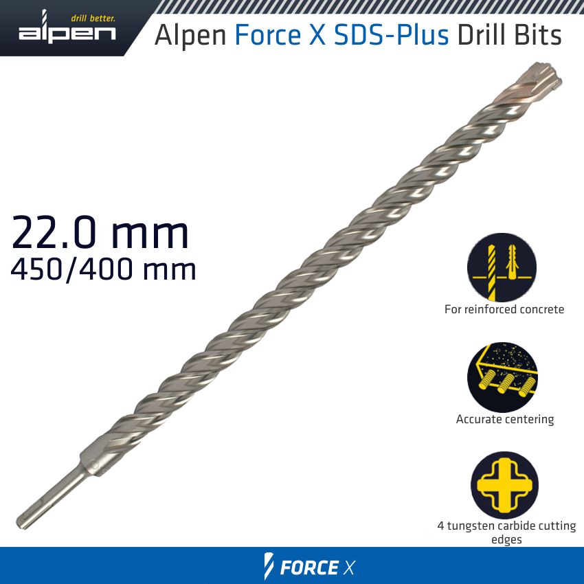 ALPEN - FORCE X 22.0 X 450/400 SDS-PLUS DRILL BIT X4 CUTTING EDGES ALP875022