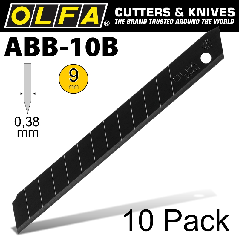 OLFA BLADES EXCEL BLACK 10/PK CARDED ULTRA SHARP 9MM BLA ABB10B