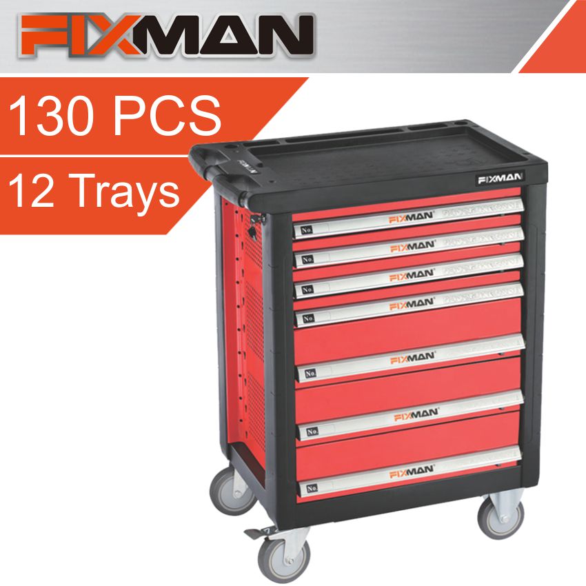 FIXMAN 7 DRAWER IND. ROLLER CABINET ON CASTORS WITH 130PC OF STOCK FIX F1RP7-1