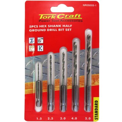 TORK CRAFT - DRILL BIT SET 5PCS HSS HALF GROUND HEX SHANK 1.5/2.5/3/4/5MM POLISHED NR05005-1