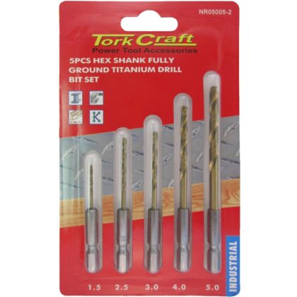 TORK CRAFT - DRILL BIT SET 5PCS HSS FULLY GROUND TITANIUM HEX SHANK 1.5/2.5/3/4/5MM NR05005-2