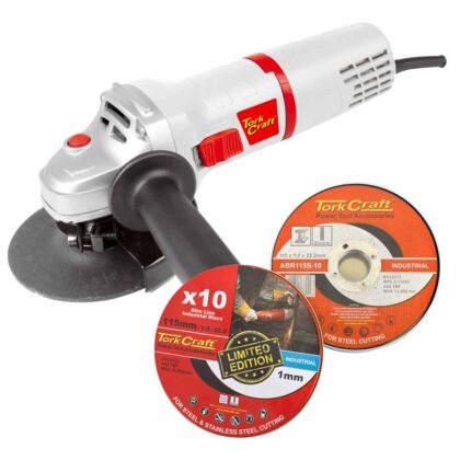 TORK CRAFT - ANGLE GRINDER 115MM TCAG0115 C/W 10PCE 115MM CUTTING DISC PROMO TIN TORKIT016