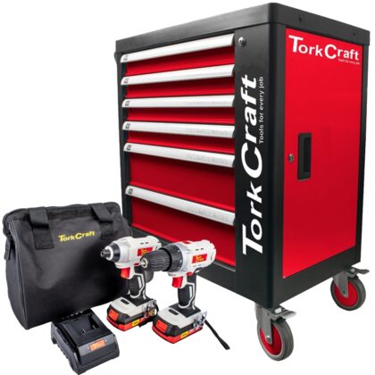TORK CRAFT - 6 DRAWER ROLLER TOOL CABINET 184PC TC620050 C/W DRILL & IMPACT DRIVER TORKIT034