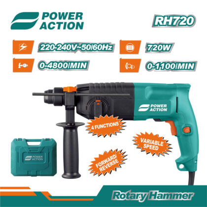 POWER ACTION - Rotary Hammer drill SDS+ 2.8J, 3 mode c/w 3 pc drill bits, 1 pc flat chisel, 1pc point chisel in a kit box - RH720